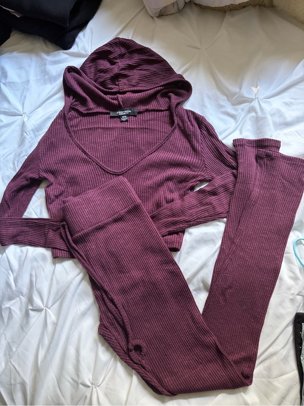 Forever 21 Ribbed Hooded Lounge Set - Burgundy